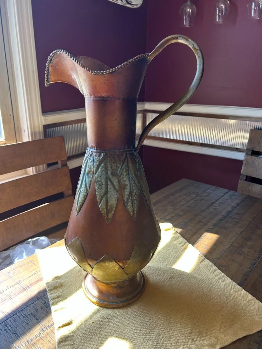 Stunning Vintage  Hand Hammered Decorative   Metal Pitcher   made of brass and c